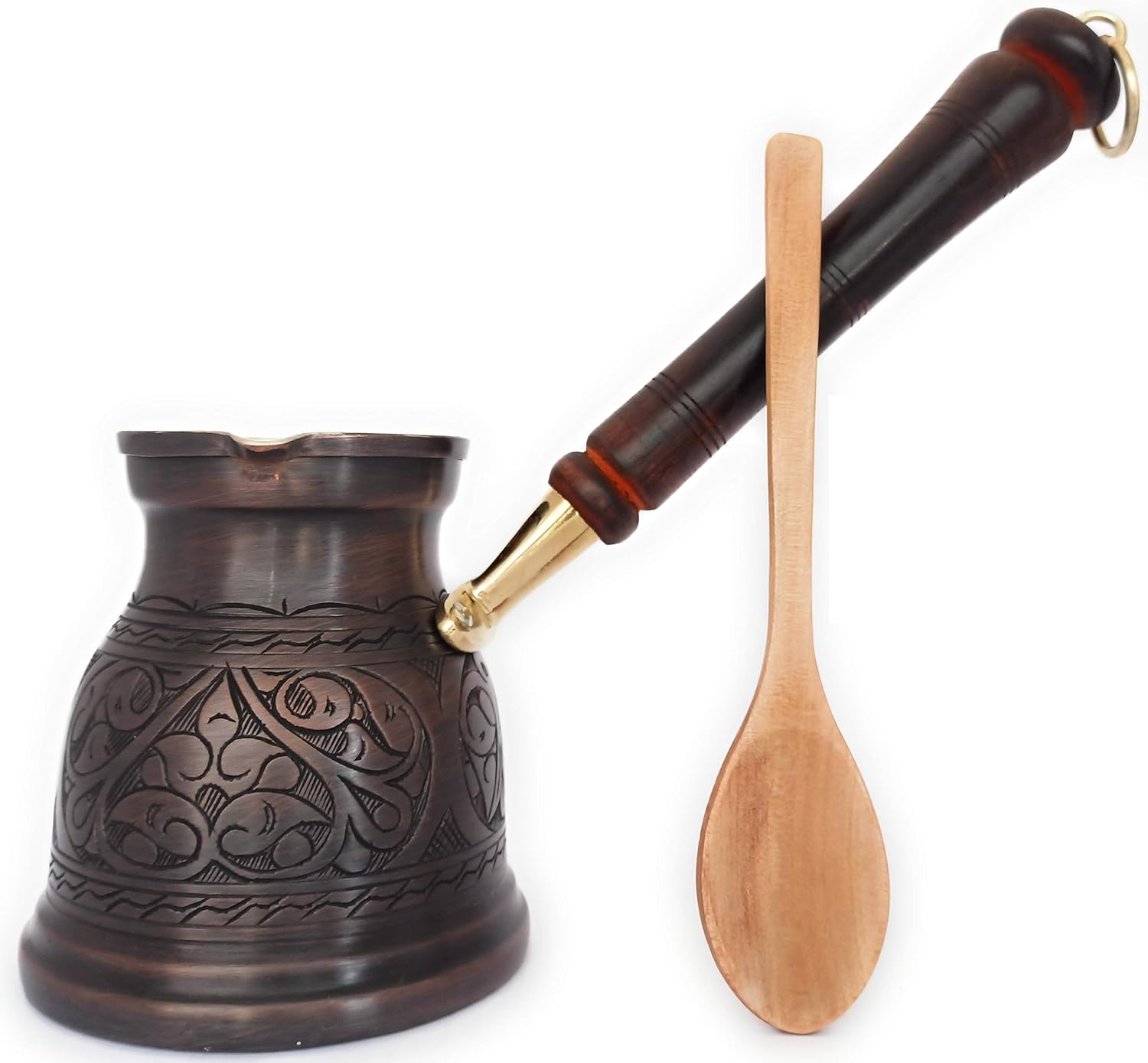 IST Serisi (XLarge-16,9 floz)-Kalın Katı Bakır Oymalı Türk Yunan Arap Kahve Demliği, Ahşap Saplı Ocak Üstü Kahve Makinesi Cezve, Jezve, Jazz Cazzve, Ibrik, Briki (Antik)