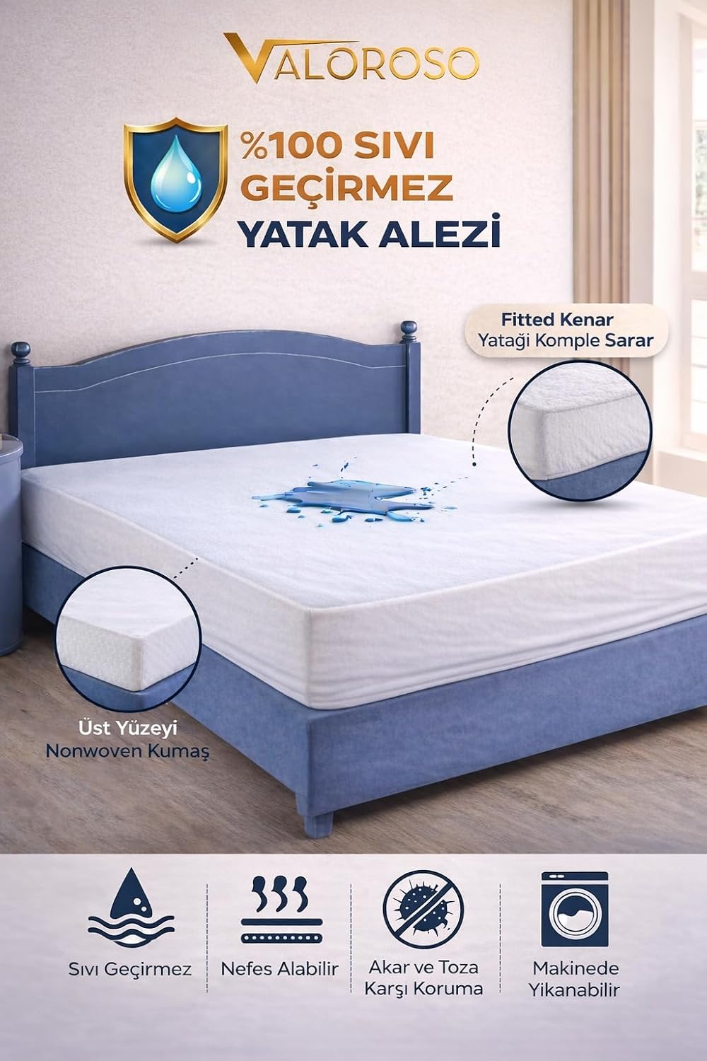 Fitted Full Kenar Su Sıvı Geçirmez Yatak Koruyucu Alez – 100x200 / 120x200 / 160x200 / 180x200 cm / 200x200 cm (160x200)