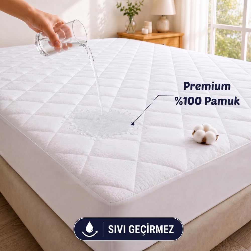 Sıvı Geçirmez Alez - Tek-Çift Kişilik - %100 Pamuk - Kapitoneli - Fitted (Yatağı Saran) - Yatak Koruyucu Çarşaf (200 x 200)