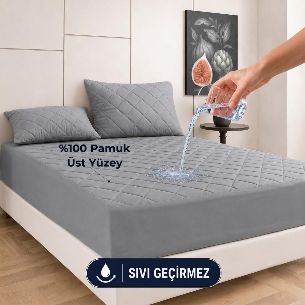 Gri Sınanı Geçirmez Alez - Tek-Çift Kişilk Alez -100 Pamuk- Kapitoneli Alez- FittedYatağı Saran Yatak Koruyucu Alez Çarşaf160x200