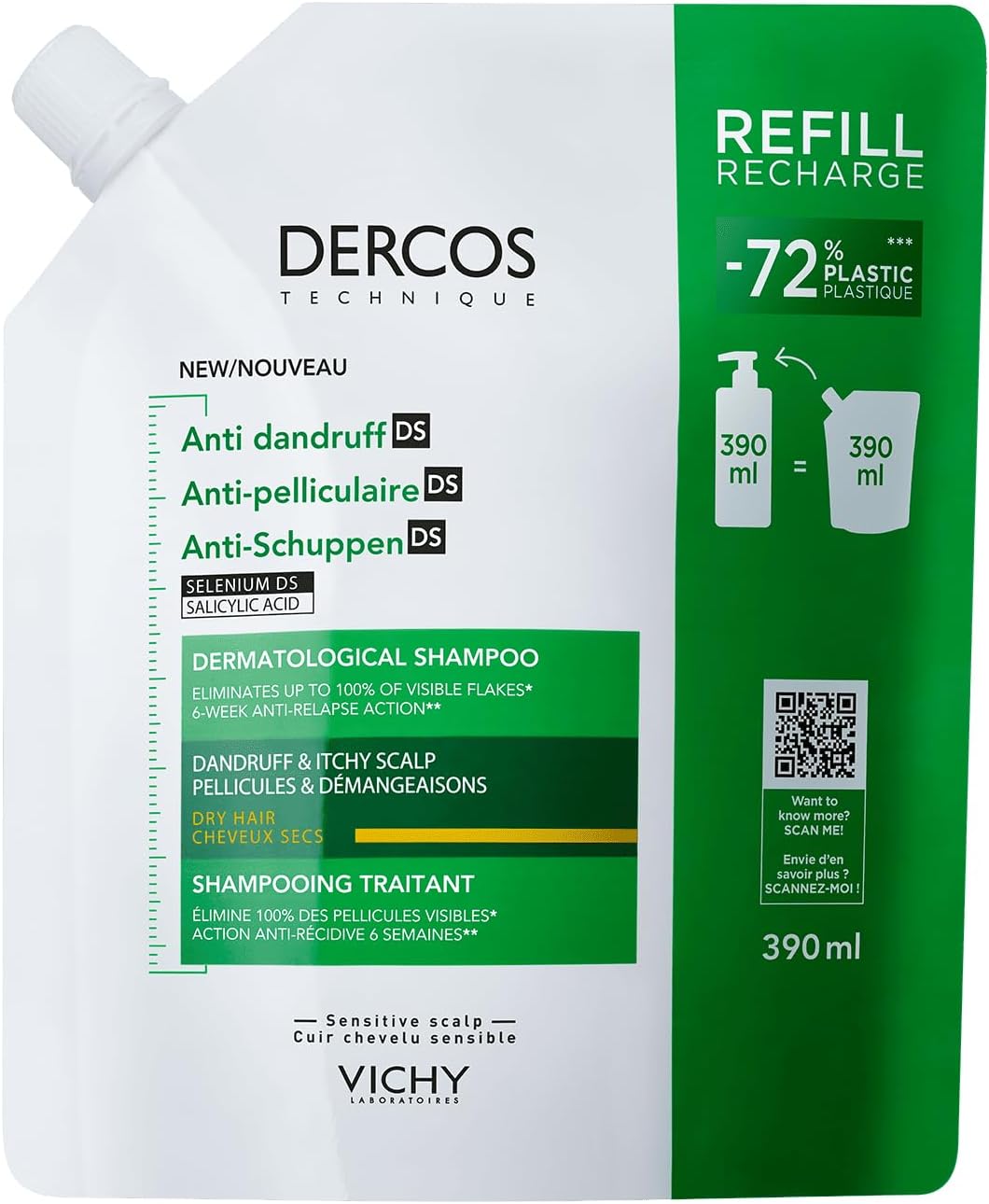 VICHY Dercos Anti Dandruff Kuru Saçlar İçin Kepek Karşıtı Bakım Şampuanı Yeniden Dolum Paketi 390 ml