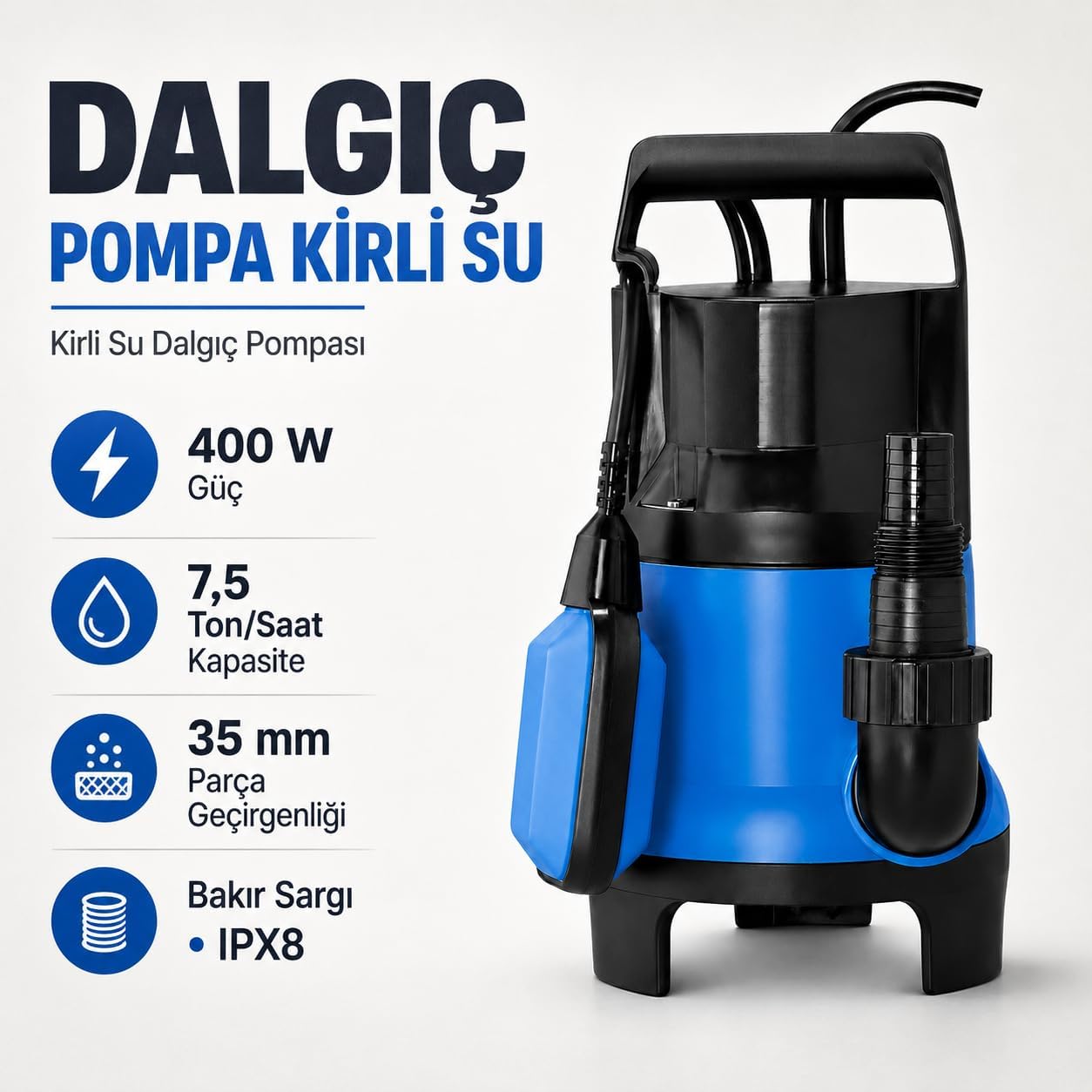 Dalgıç Pompa Kirli Su 400W Su Tahliye Pompası 7.5 Ton/Saat Şamandıralı Otomatik Bahçe Bodrum Boşalt