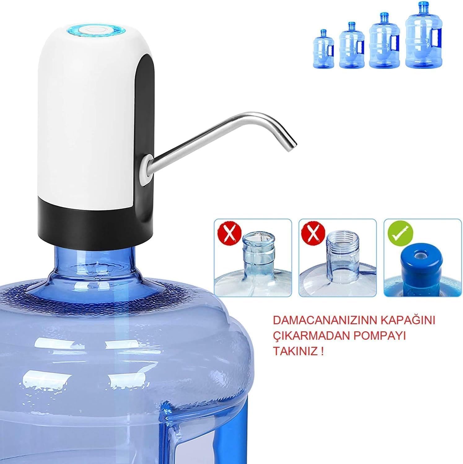 USB Şarjlı Otomatik Damacana Su Pompası, Şarj Göstergeli, Dokunmatik Düğme, 4W, 5V,Pil Mevcut Değil