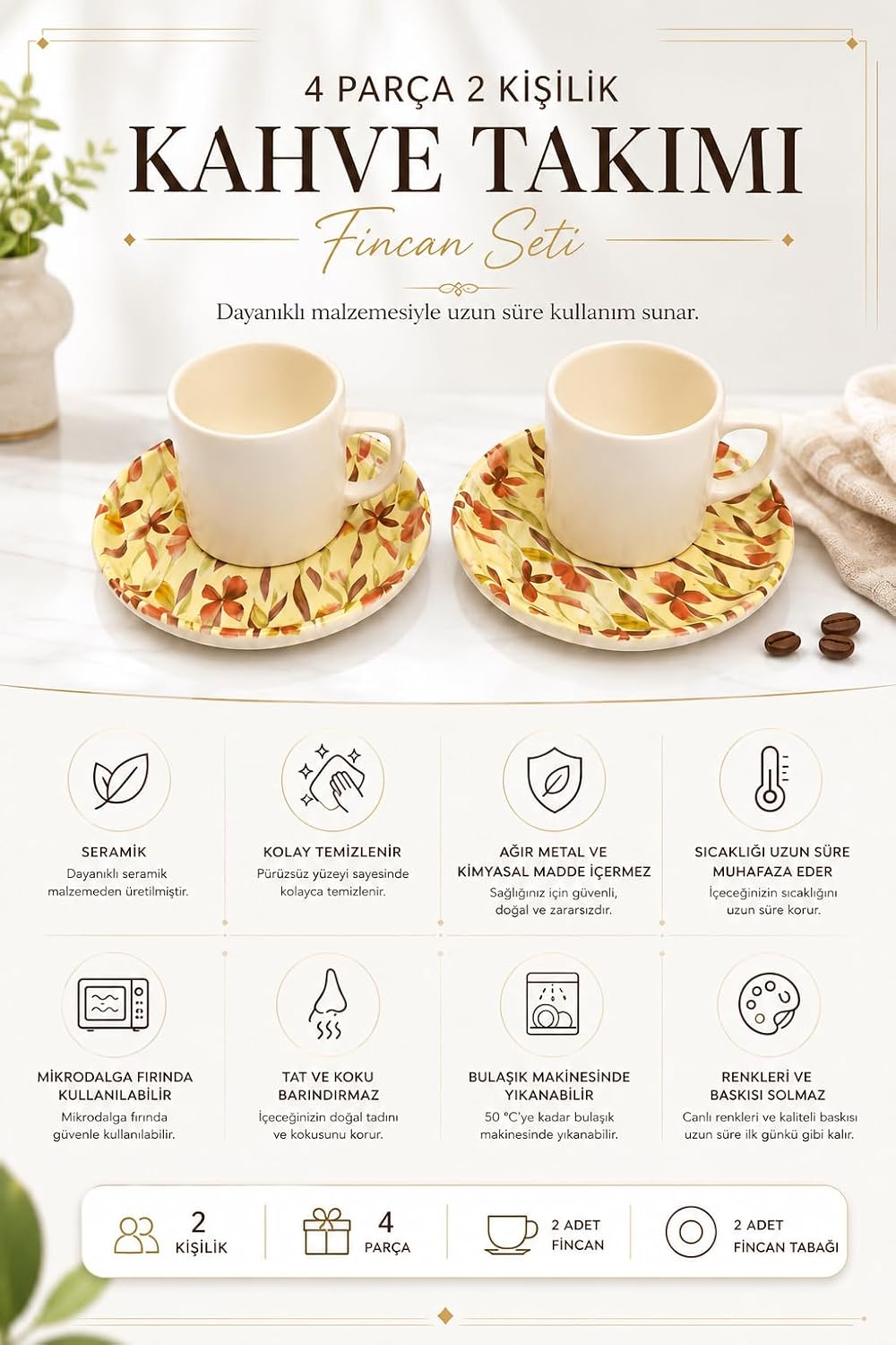 Kahve Fincan Takımı, Floral Desenli 4 Parça 2 Kişilik Seramik, Seramik Kahve Takımı, 4 Parça Kahve Seti, Şık Desenli Seramik Türk Kahvesi Fincan Seti, Premium Seramik Kahve Seti, Modern Kahve Seti