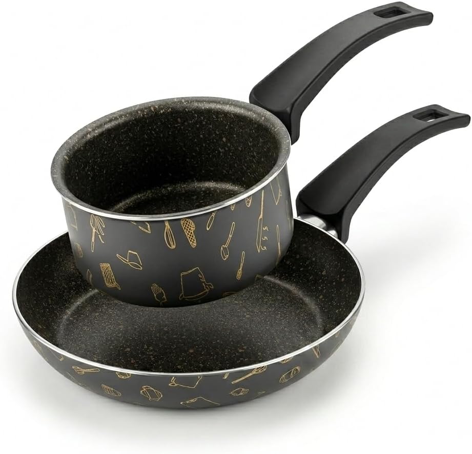 Master 2'li Ekonomik Set: 12 cm Sosluk & 20 cm Tava - Mutfak Desenli Gold Mastik Yanmaz Yapışmaz Set