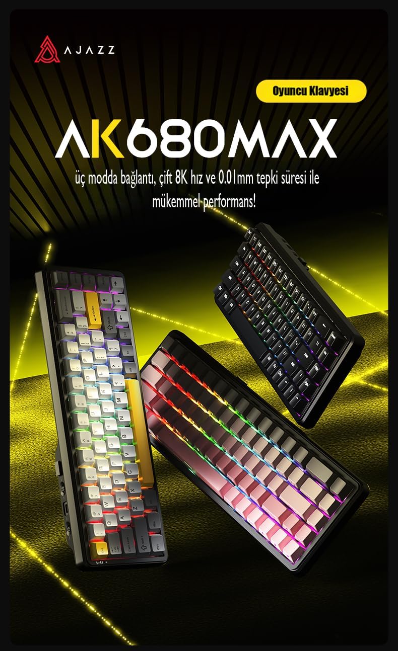 Ajazz AK680 Max%68 Manyetik Switch, 3000mAh Batarya 8000 Hz Kablolu-1000 Hz Polling Rate Kablosuz Manyetik Klavye RGB Arkadan Aydınlatmalı Özelleştirilebilir Tuşlar (AK680 Max - Siyah Sarı)