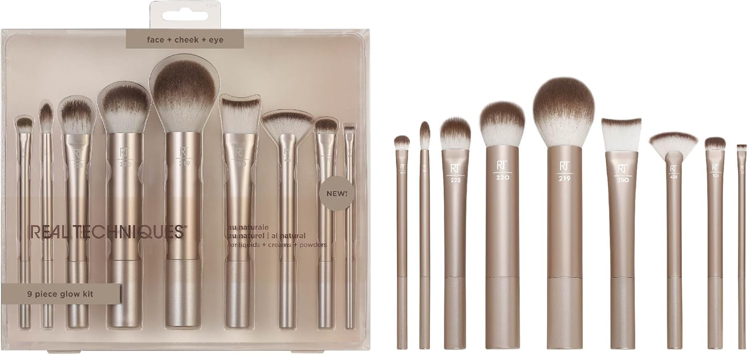 Au Naturale makyaj fırçası seti, fondöten, pudralar ve kapatıcılar için, üstün kaliteli yüz fırçaları, 9 parçalı set, altın