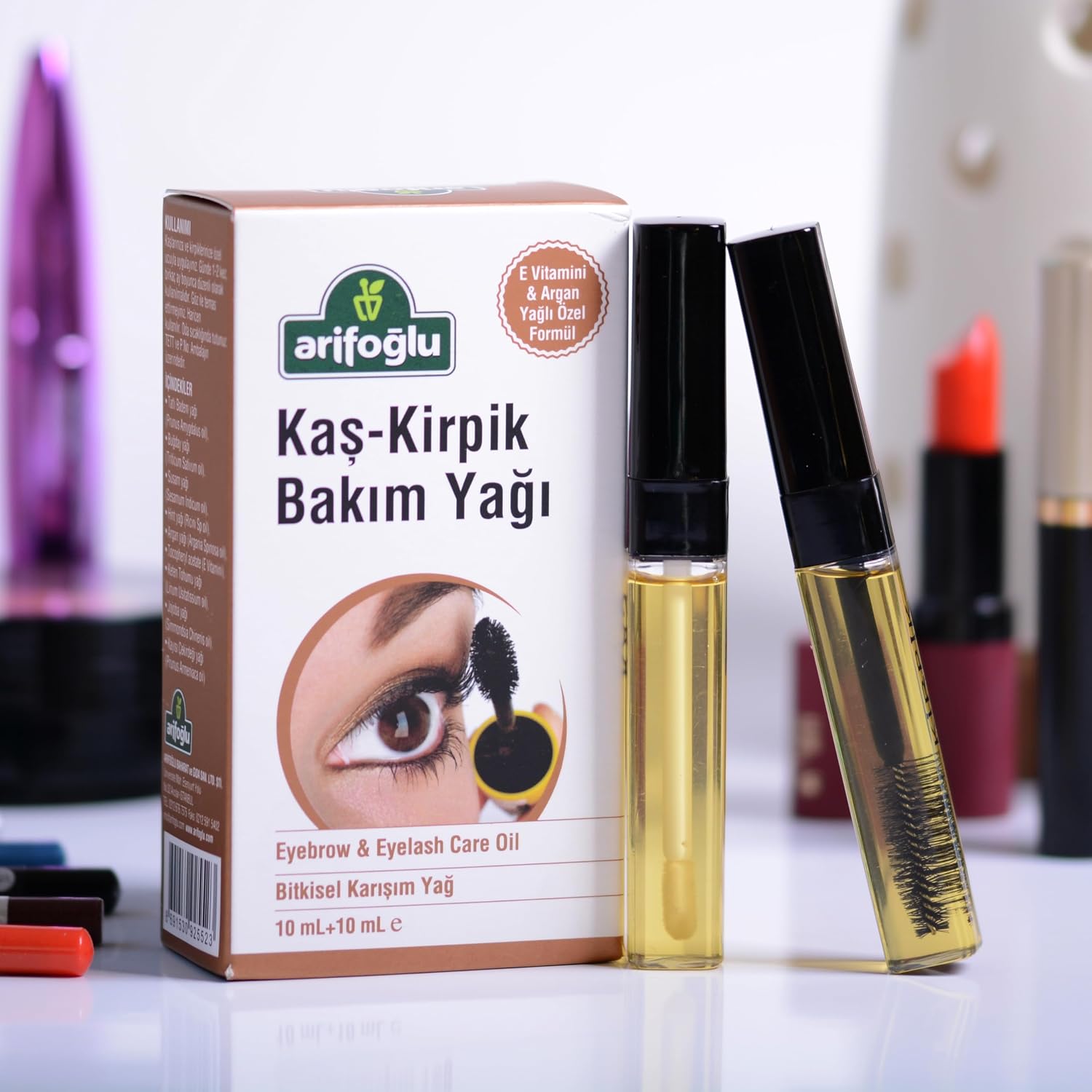 Kaş - Kirpik Bakım Yağı 20ml | 10ml Kaş Lip Kapak +10ml Kirpik Rimel Kapak olarak – Eyebrow and Eyelash Care Oil with Separate Applicators for Brows and Lashes