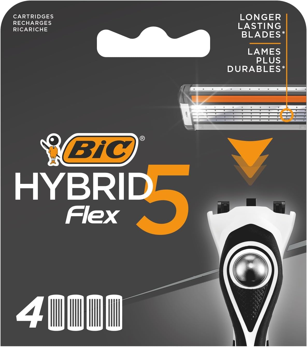 Hybrid 5 Flex 4'lü Yedek Tıraş Bıçağı Kartuşu (5 Bıçak), 5 Nano Teknolojik Titanyum Bıçak, E Vitamini ile Zenginleştirilmiş Geniş Kayganlaştırıcı Bant