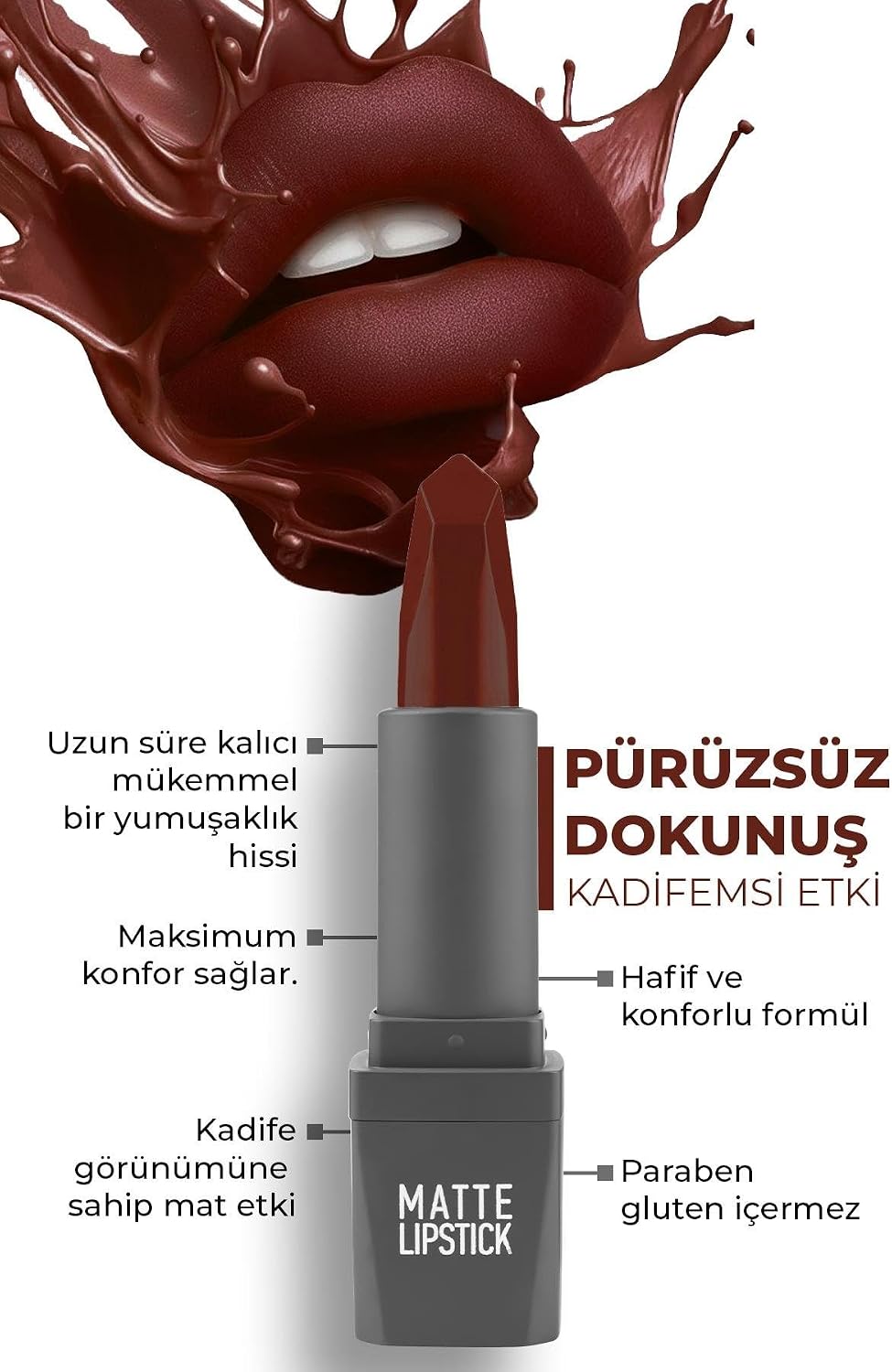 Yoğun Renk Veren Uzun Süre Kalıcı Nemlendirici Kadifemsi Mat Ruj - Matte Lipstick 424 Ruby Red