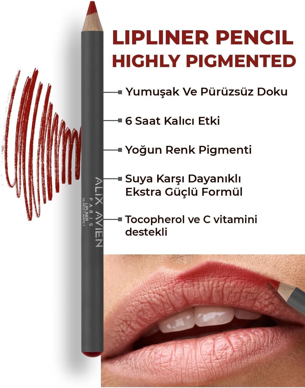 Uzun Süre Kalıcı Dağılma Yapmayan Nemlendirici Dudak Kalemi - Lipliner Pencil 16 Red Carpet