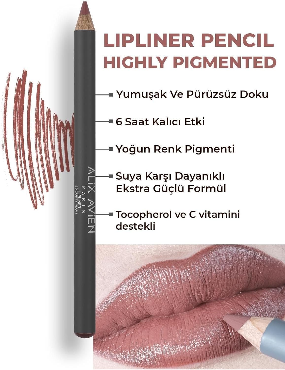 Uzun Süre Kalıcı Dağılma Yapmayan Nemlendirici Dudak Kalemi - Lipliner Pencil 20 Dusty Plum