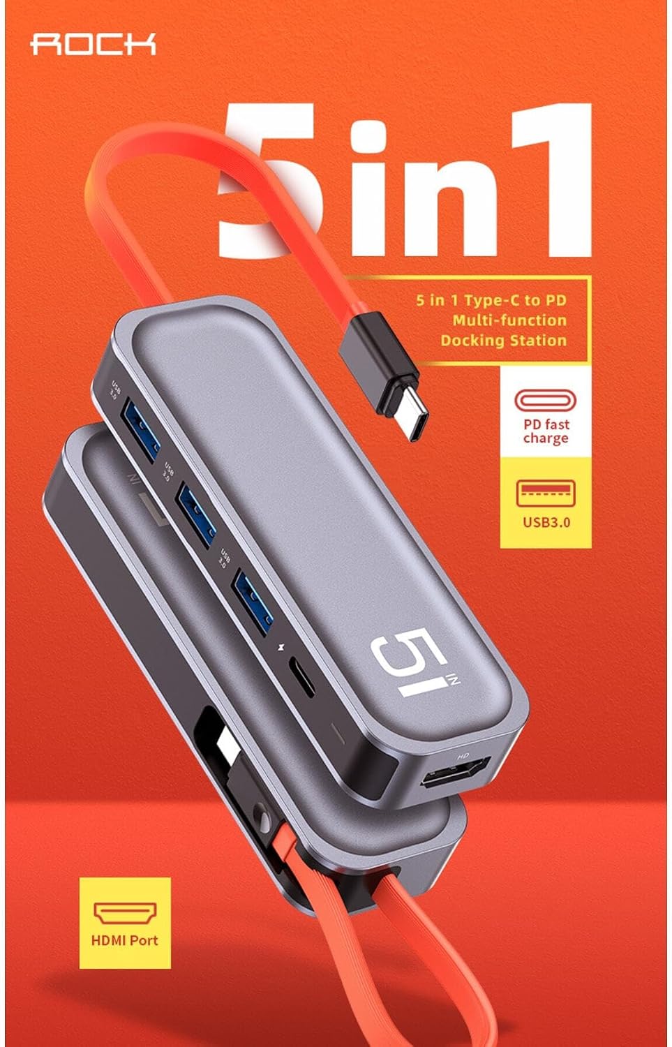 Tip C-PD ve Çok Fonksiyonlu Yerleştirme İstasyonu USB 3.0 HUB-SD Kart Okuyucu Adaptörü için 5'i 1 arada - HDMI Bağlantı Noktası 5GBPS 4K Video Dönüştürücü (Gri) Tip C - 5'i 1 Arada Dönüştürücü