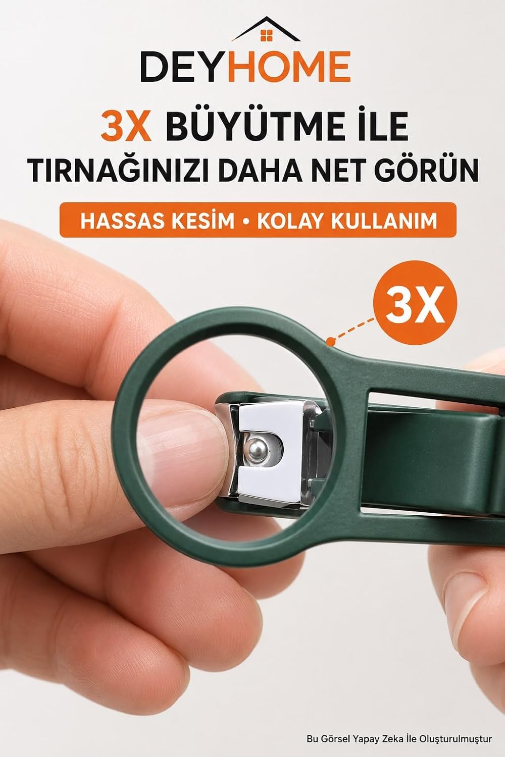 3X Büyüteçli Paslanmaz Çelik Tırnak Makası, Törpülü ve Sıçrama Önleyici, Rahat Tutuşlu Yeşil