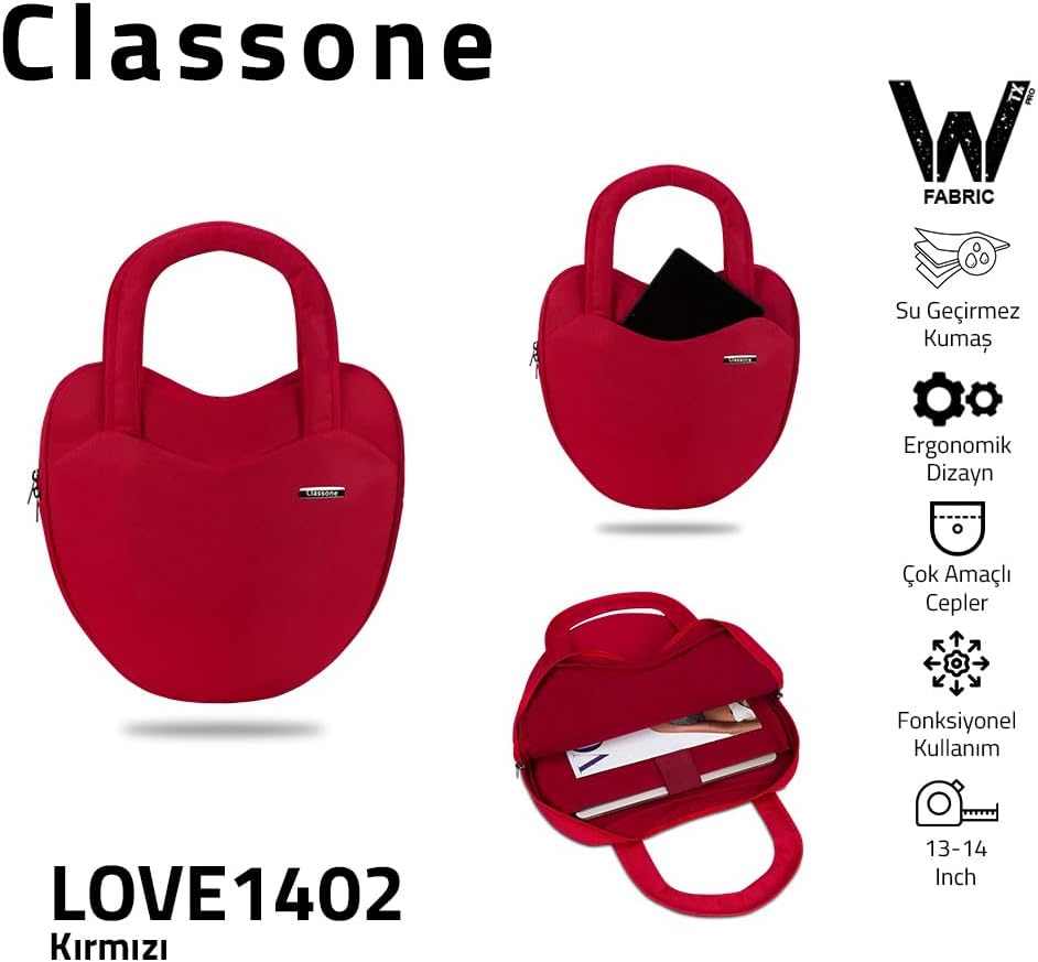 Classone LOVE1402 13-14 Inch WTXPro Su Geçirmez Kumaş, Macbook,Mac Air Laptop El ve Omuz Çantası - Kırmızı