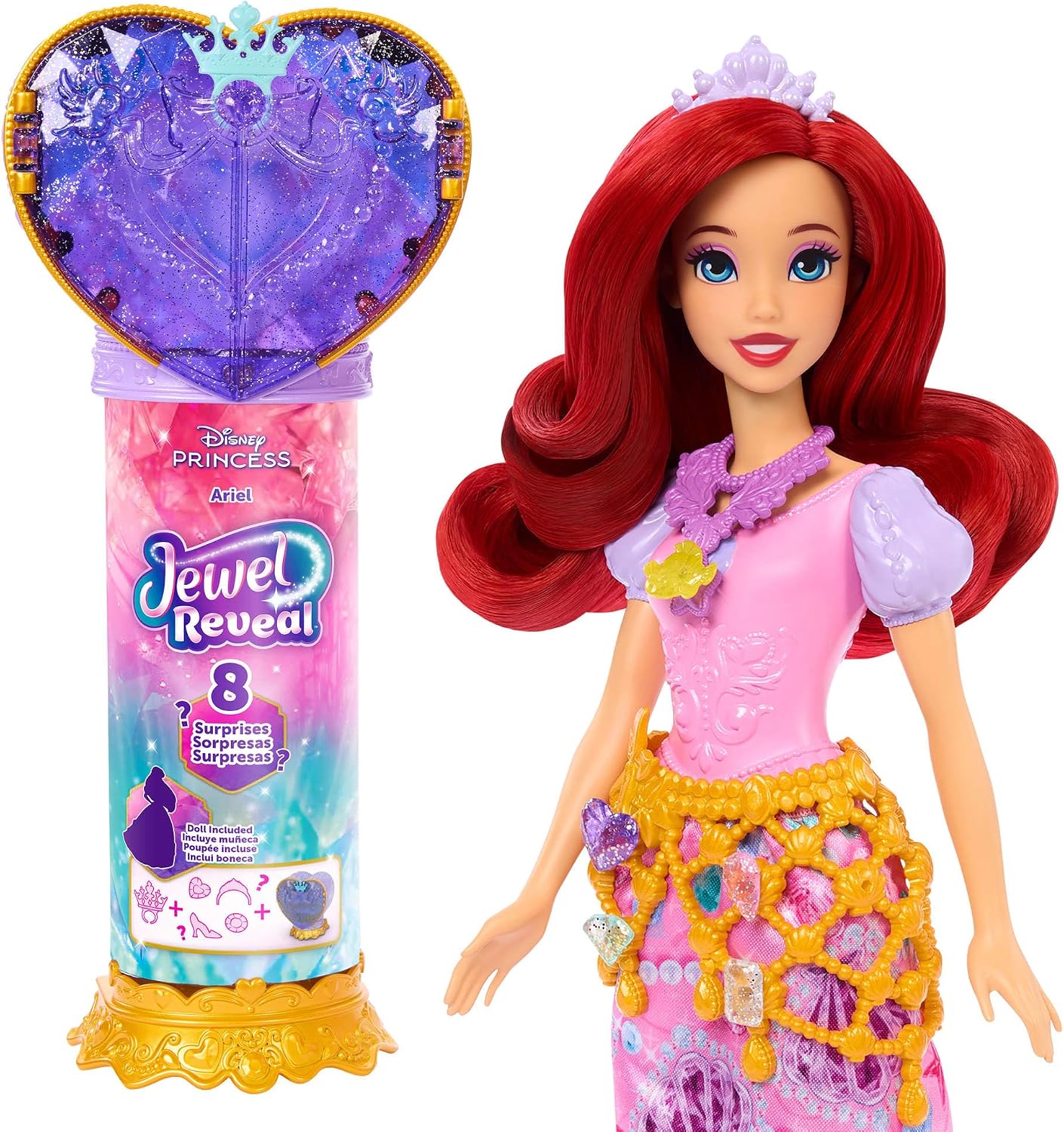 Filmden ilham alan Disney Prensesi Ariel bebek, aksesuarlar, kalp şeklinde değerli taş kutusu ile çocuk yüzüğü dahil 8 sürpriz ve 9 parça, JHL49