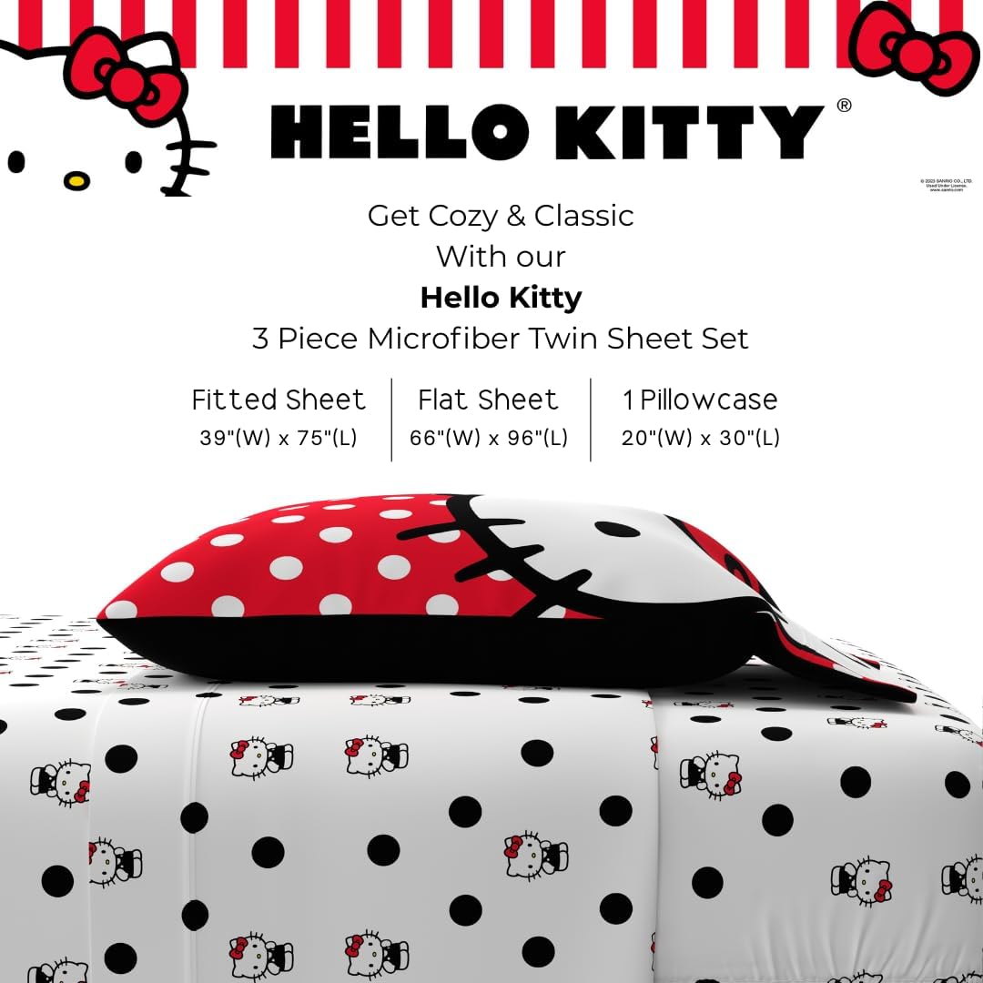 Hello Kitty Bedding Süper Yumuşak Mikrofiber 3 Parça İkiz Çarşaf Seti, (Resmi Lisanslı Ürün)