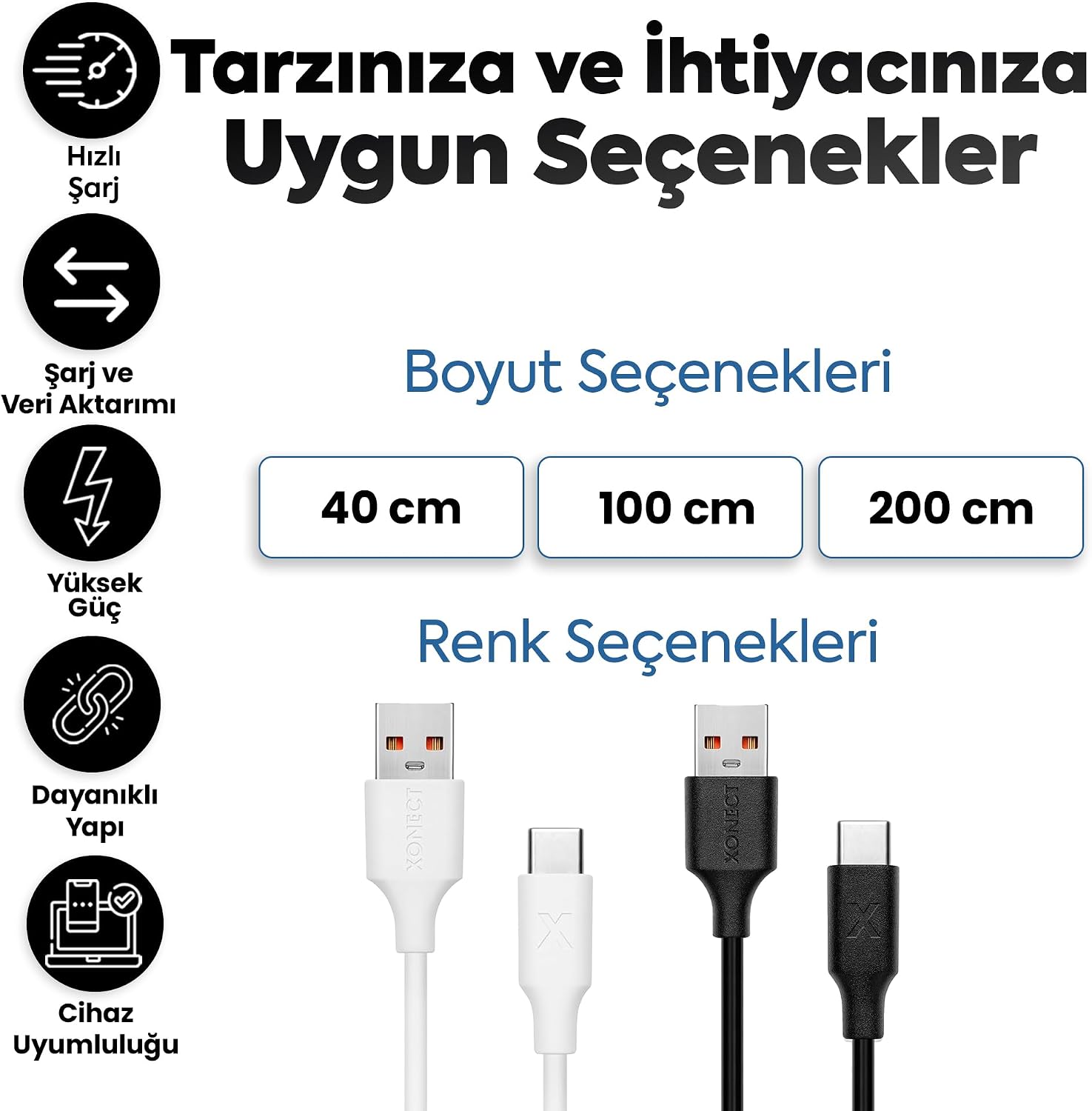 USB to Type-C ile Uyumlu iPhone ve Samsung ile Uyumlu Hızlı Şarj ve Data Kablosu 40 cm (Beyaz)