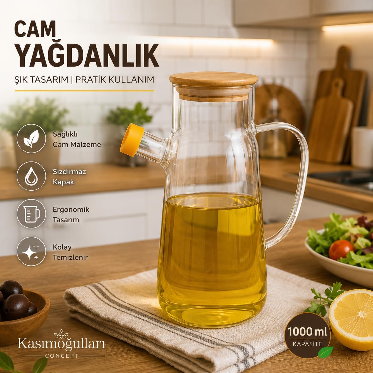 Kasımoğulları Concept Cam Yağdanlık Bambu Kapaklı 900 ml