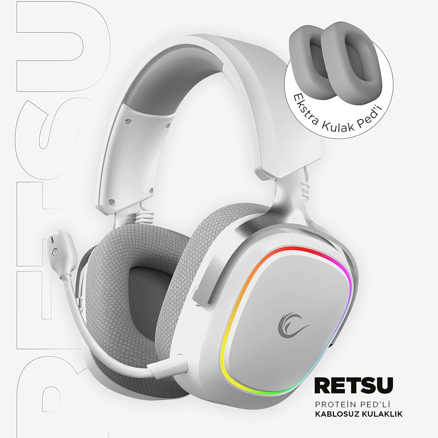RETSU Kablosuz Oyuncu Kulaklığı, 2.4G + Bluetooth 5.3, 50 mm Sürücü, RGB Aydınlatma, Mikrofonlu, Protein Deri ve Kumaş Earpad, PC/PS4/PS5/Mobil (Beyaz/Gri)