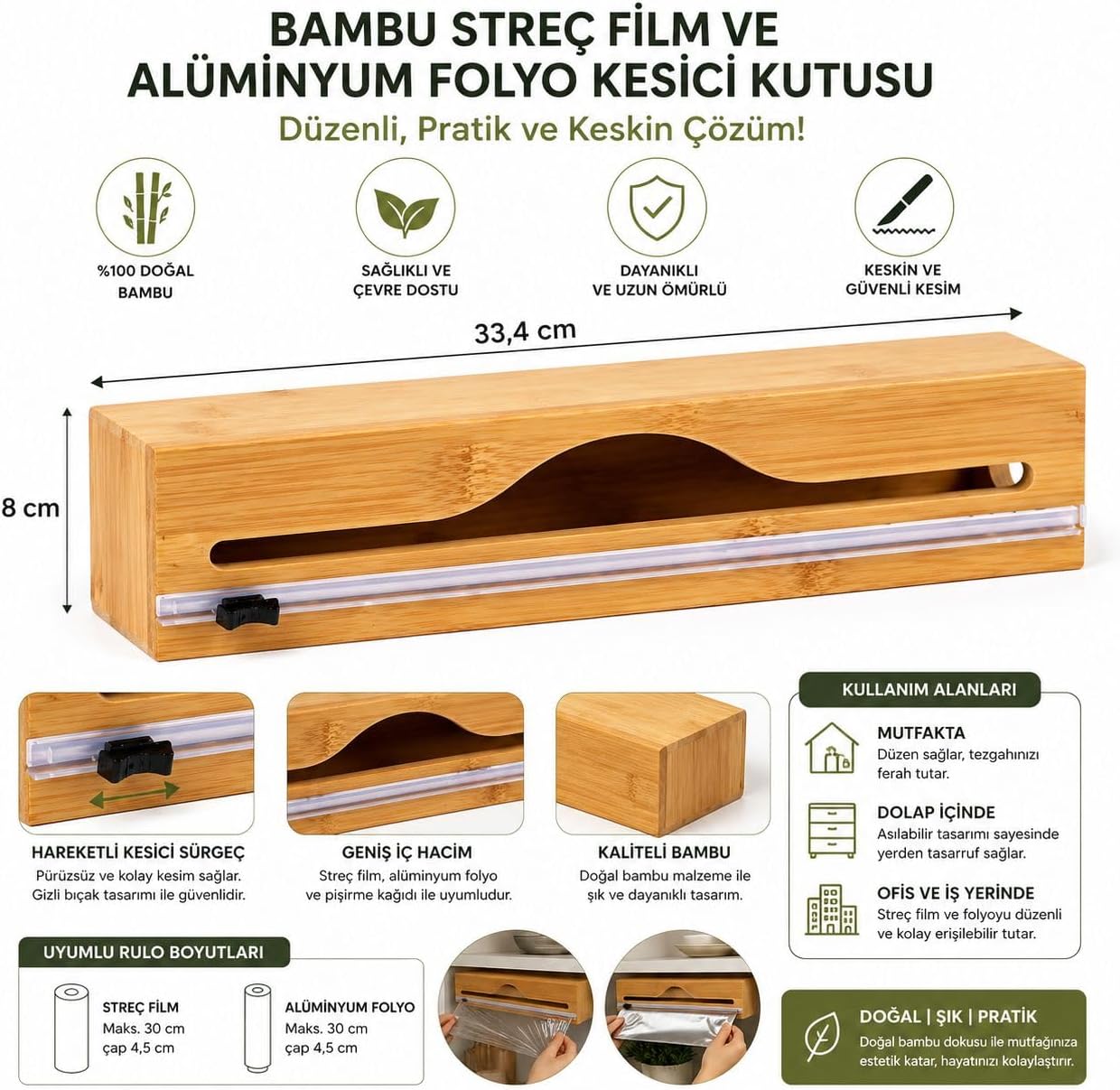 Doğal Bambu Streç Film ve Alüminyum Folyo Dispenser Kesici Kutusu, Asılabilir Mutfak Düzenleyici Organizer, Pratik Kesim ve Saklama Aparatı, Premium Dayanıklı Tasarım, 33,4 x 8 cm