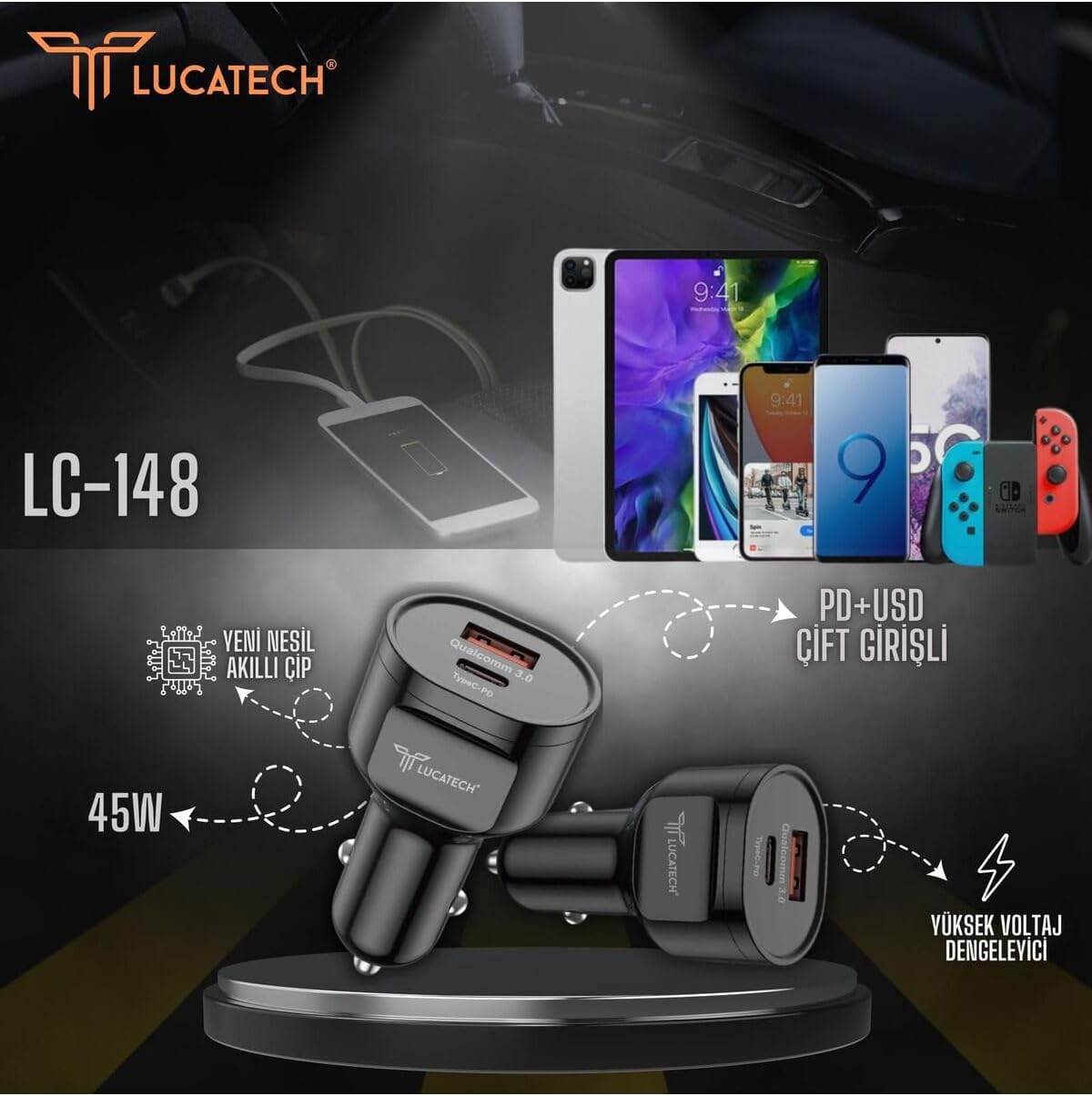 Samsung Galaxy S22/S22 Plus/S22 Ultra ile Uyumlu 45W Hızlı Araç Şarj Cihazı, USB + PD Çift Çıkış, Siyah