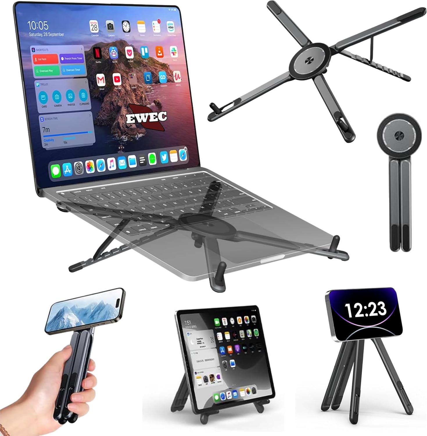 Manyetik 3’ü 1 Arada Ayarlanabilir Masaüstü Laptop, Tablet ve Telefon Standı – Katlanabilir Metal Gövde