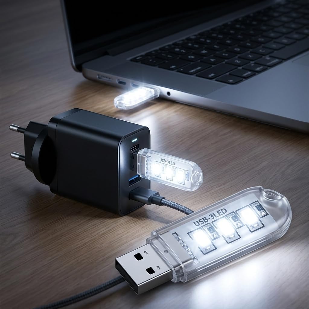 Mini Usb Led, Flash Bellek Görünümlü, Taşınabilir, 3 Led Beyaz Işık, Portatif Gece Lambası