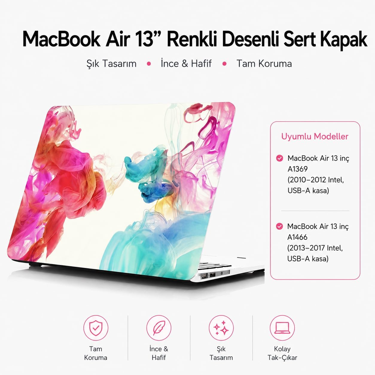 MacBook Air 13 inç Kılıf Uyumlu A1369 A1466 Renkli Boya Desenli İnce Sert Kapak Darbe Çizilme Koruma Hard Case Mat Yüzey Pembe