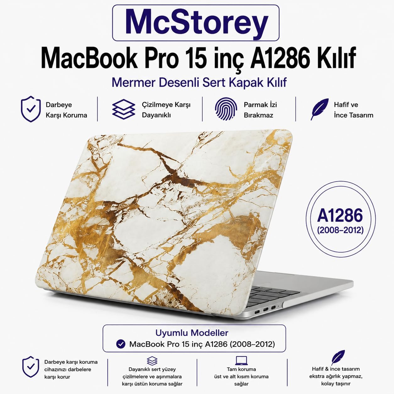 Macbook Pro Kılıf 15 inç Marble A1286 (Eski Ethernet Girişli Model 2008-2012) ile Uyumlu Marble 03