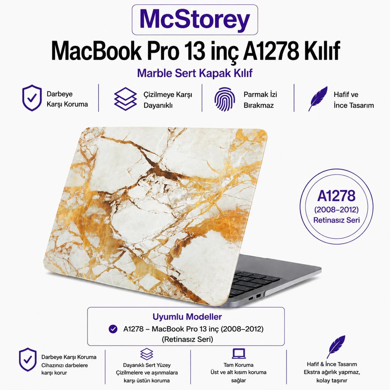 Macbook Pro Kılıf 13inç Marble A1278 (Eski Ethernetli Model 2008-2012) ile Uyumlu Marble 03