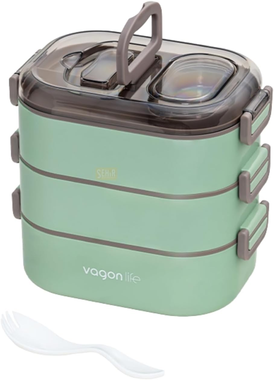 Vagonlife Bento 1450ml Lunchbox Üç Katlı 5 Bölmeli ve Mini Sosluklu Çelik Sefer Tası Yemek Kutusu (Yeşil)