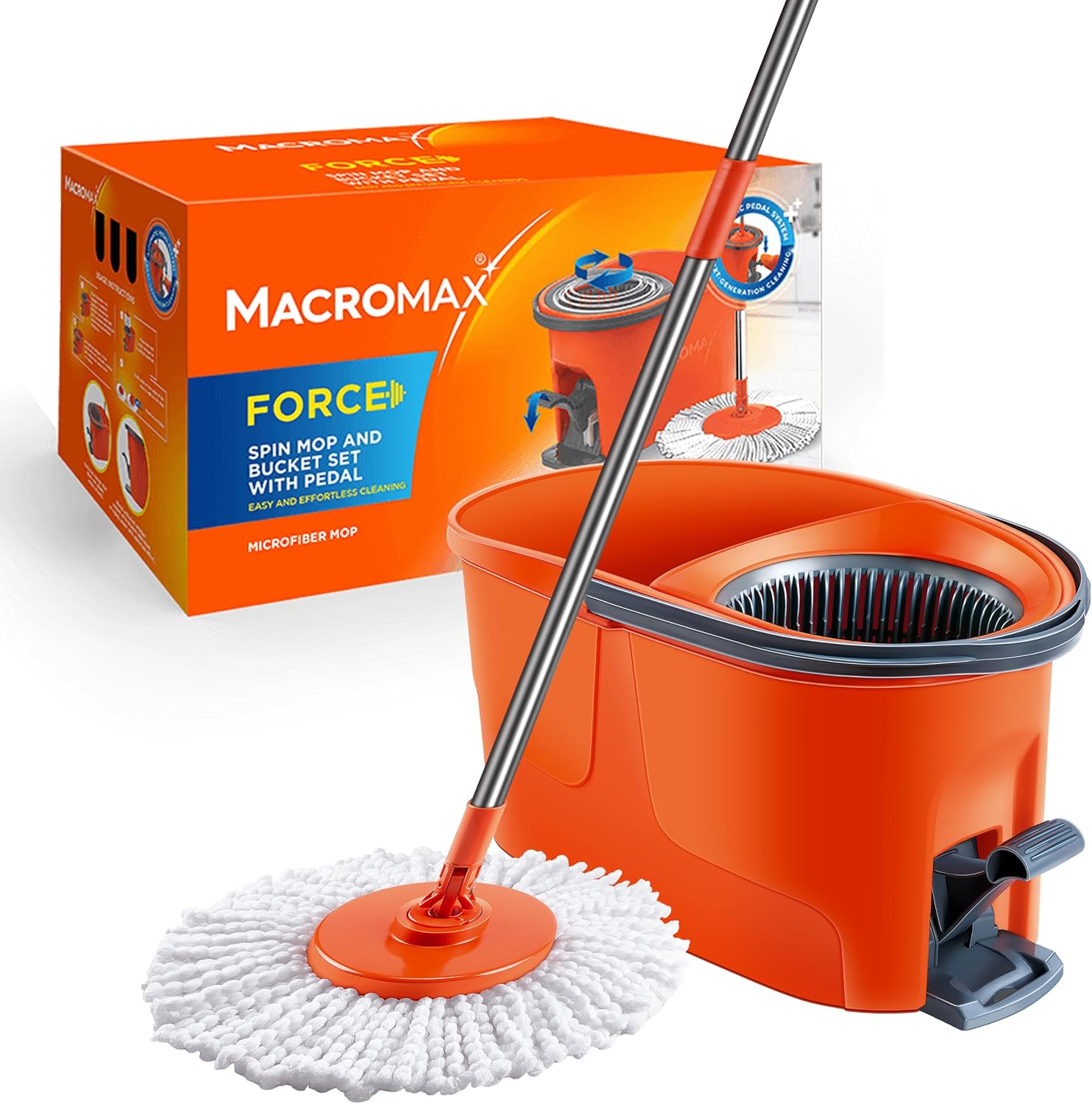 Macromax Force Pedallı Otomatik Temizlik Seti, Döner Mekanizmalı 360 Başlıklı Mikrofiber Paspas