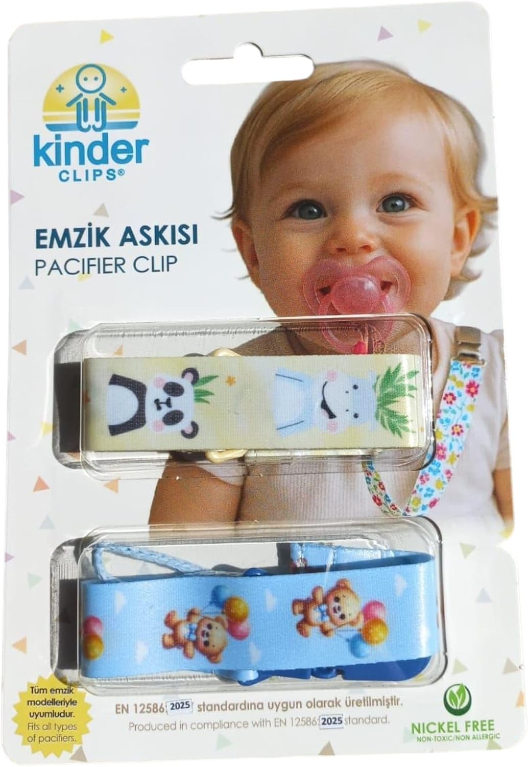 Bebek Emzik Askısı, 2'li Set, Sevimli Hayvan Desenli, Plastik Klipsli, Nikelsiz, EN 12586:2025 Standartlarına Uygun