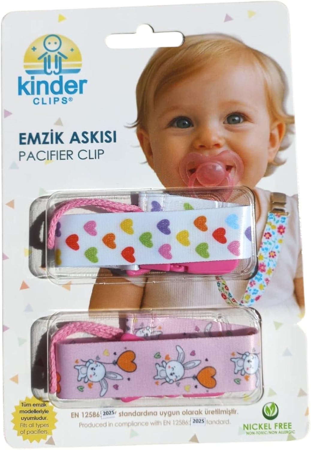 2'li Pembe Tavşan ve Renkli Kalp Desenli Plastik Klips Emzik Askısı