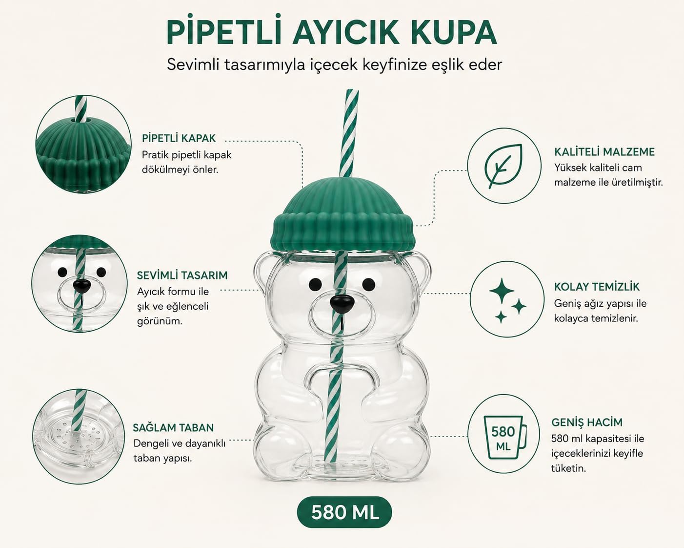 580 ML Ayıcık Desenli Cam Bardak Pipetli Silikon Kapaklı Soğuk Kahve Bardağı Şeffaf Cam Kupa Sevimli Ayıcık Bardak Bubble Tea Smoothie Milkshake Meyve Suyu İçecek Bardağı Çocuk ve Yetişkin