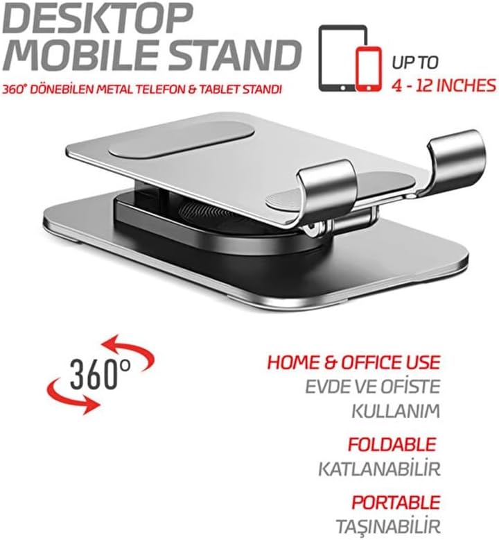 Telefon Standı Çok Yönlü 360° Dönebilen Metal Gövdeli Ayarlanabilir ve Katlanabilir Masa Üstü Kullanımı İçin Tüm Telefonlara Uyumlu