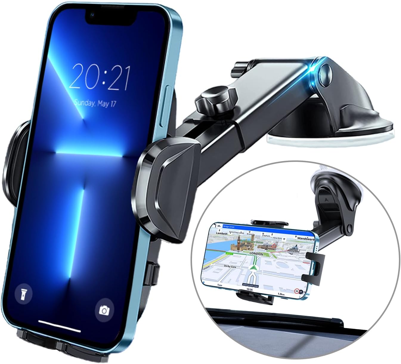 Araç Cep Telefonu Tutucu, Ultra Sağlam Araç Cep Telefonu Tutucu, Gösterge Paneli ve Ön Cam için Vantuz, Çok Yönlü Silikon Darbeye Dayanıklı, 360° Dönebilir, Tek Düğmeyle Çıkarma, 3,8 – 6,7 inç