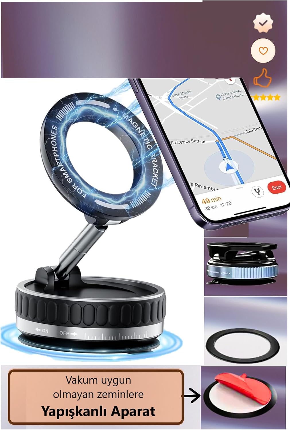 Magsafe Uyumlu Manyetik Araç Telefon Tutucu - Güçlü Vakumlu ve Yapışkanlı Sabitleme Mekanizması, 360° Dönebilen Katlanabilir Torpido ve Cam Üstü Telefon Tutacağı