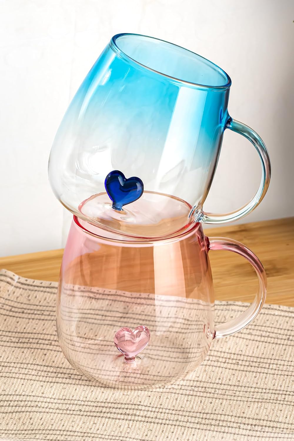 Dream Love Hearts 400ml Romantik Kalp Tasarımlı 2'li Renkli Borosilikat Cam Kupa Seti Çok Renkli, PBT-707