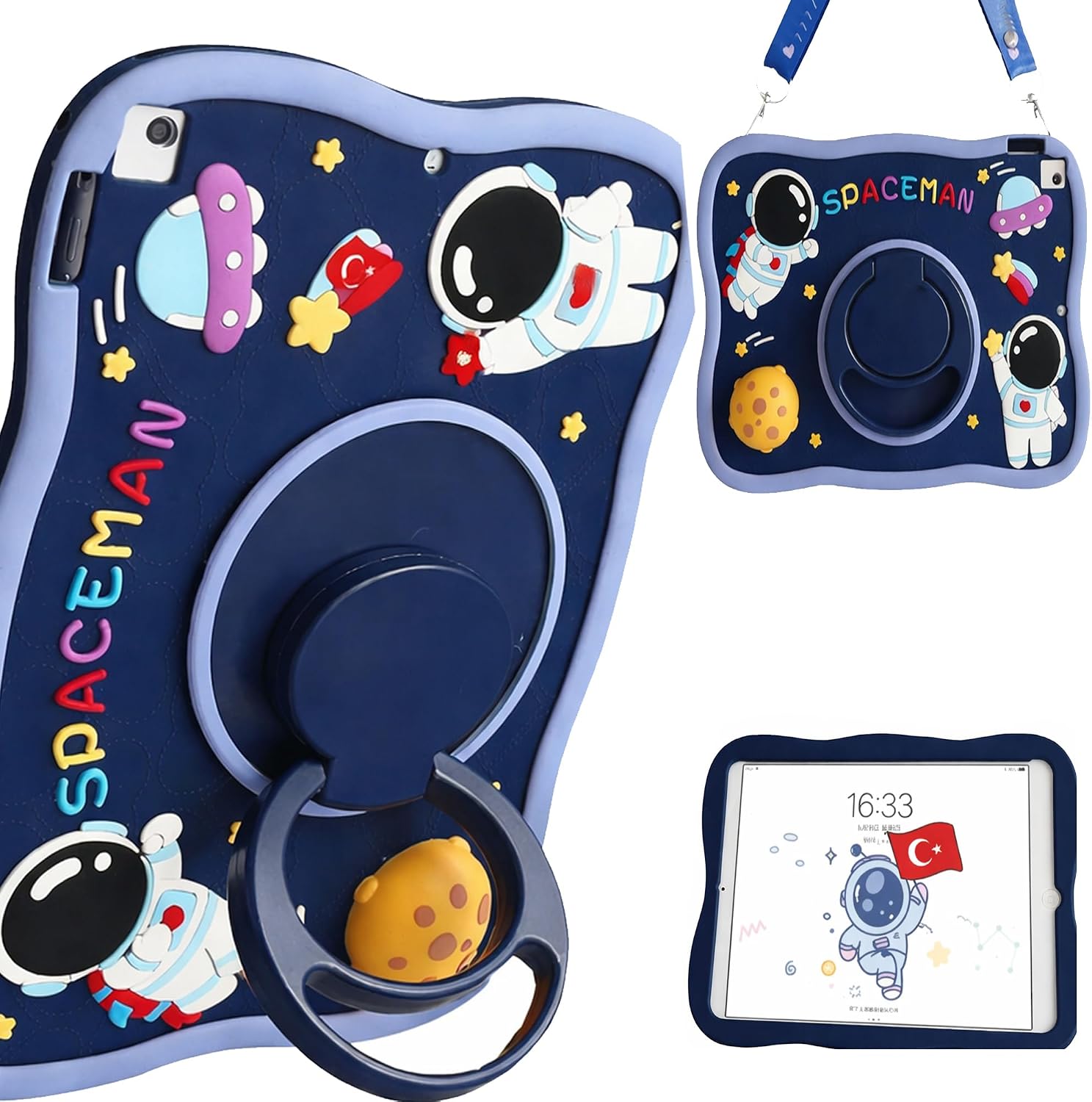 Samsung Galaxy Tab A11 Plus ile Uyumlu Kılıf 360 Derece Döner Stand Yatay Dikey Kullanılabilir, Kawaii Askılı Tasarım Kalem Yuvası Özellikli Sevimli Space-Man Tasarımı