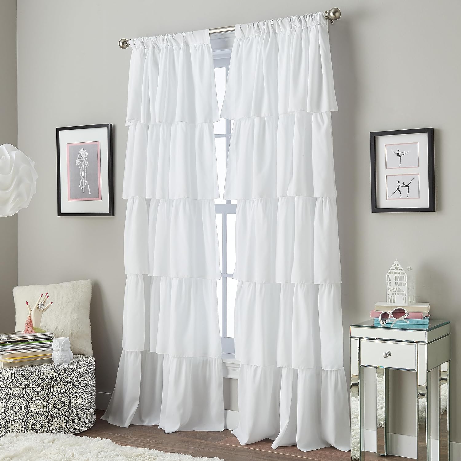 Volants dantelli perde Panel, polyester, Beyaz, 63-Inch