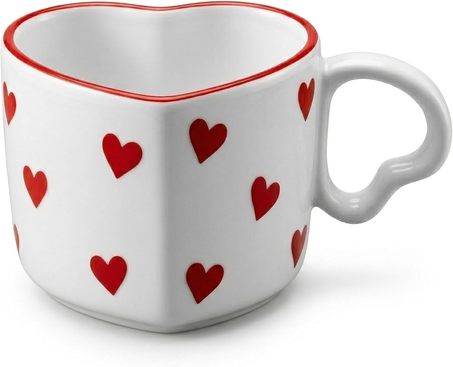 Seramik Kulplu Kupa Bardak, 250 Ml Geniş Kapasite, Kırmızı Kalp Desenli Tasarım, Ev Ofis Restoran İçin Kullanıma Uygun El Yapımı Seramik Kulplu Çay Kahve Espresso Latte Sunum Bardağı
