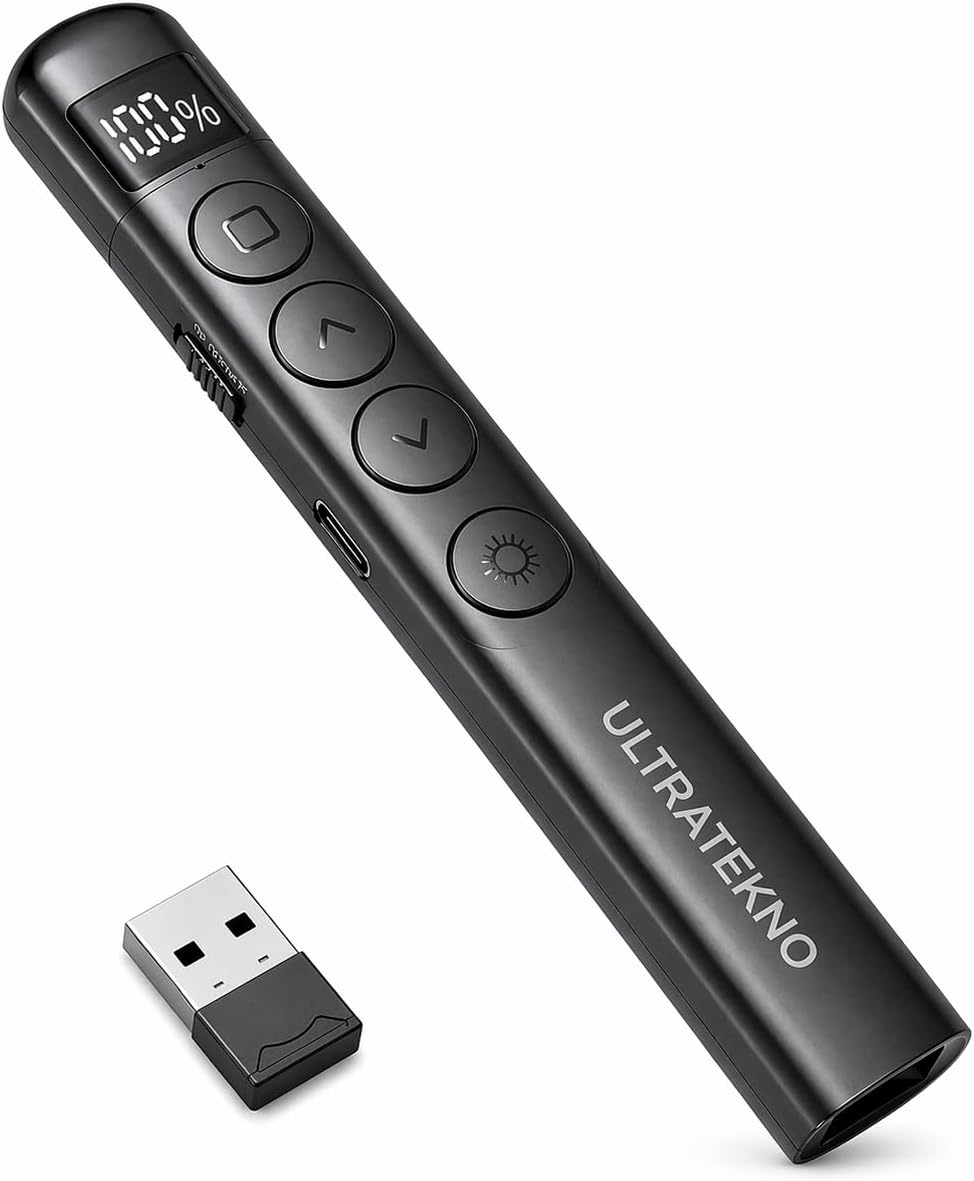 S7 Dijital Ekranlı Şarjlı Lazer Sunum Kumandası – Type-C, 100 m Menzil, Kablosuz 2.4G, PowerPoint/Keynote Uyumlu, USB Alıcılı, Manyetik Saklama, Ergonomik Tasarım