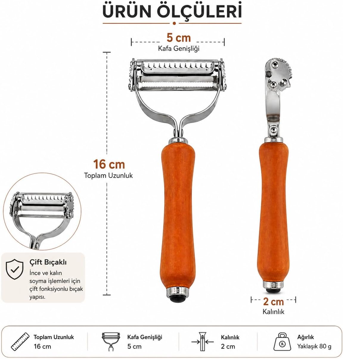 Çift Bıçaklı Ahşap Saplı Soyacak - Çift Bıçaklı Ahşap Saplı Sebze ve Meyve Soyacak – Paslanmaz Çelik Ultra Keskin Tırtıklı & Düz Bıçaklı, Ergonomik Kaymaz Sap, Patates Havuç Kabak Elma