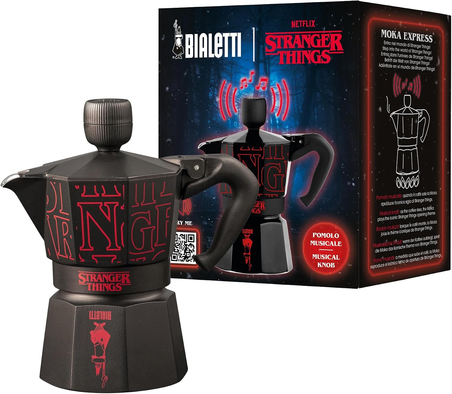 Moka Express Stranger Things: 3 Cups Ocak Üstü Espresso Pişirici, Müzikli, 130ml, Siyah, Patentli Güvenlik Valfi