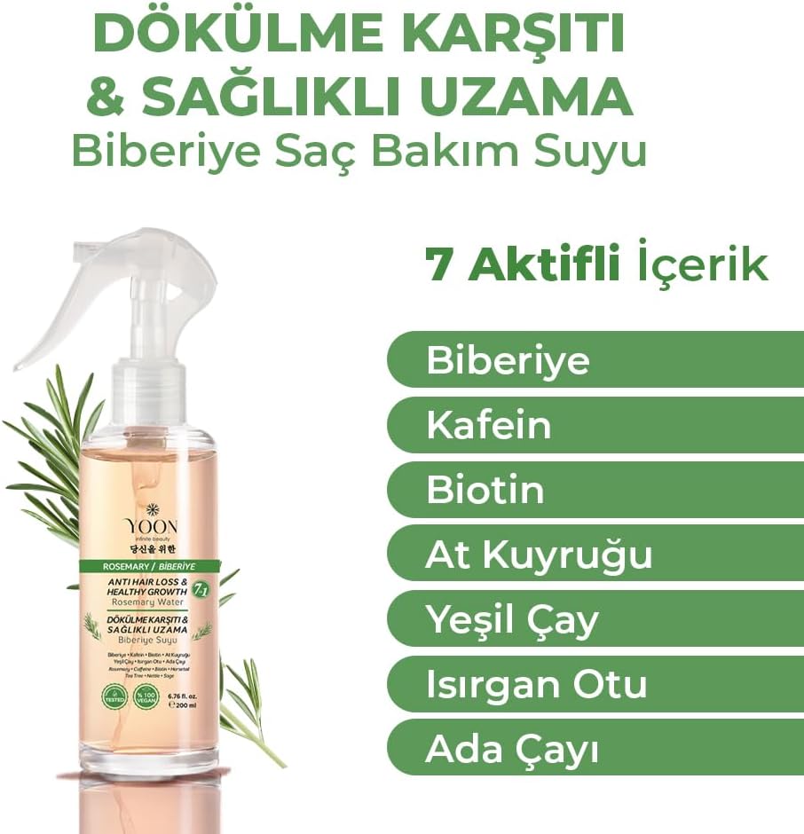 Saç Dökülme Karşıtı, Hızlı Saç Uzamasına Yardımcı Vegan Biberiye Bakım Suyu, 7 Doğal Aktif İçeren, Paraben ve Sülfat İçermez, Ph Seviyesini Korur, Saç Tellerini Güçlendirici Saç Bakım Suyu, 200ml