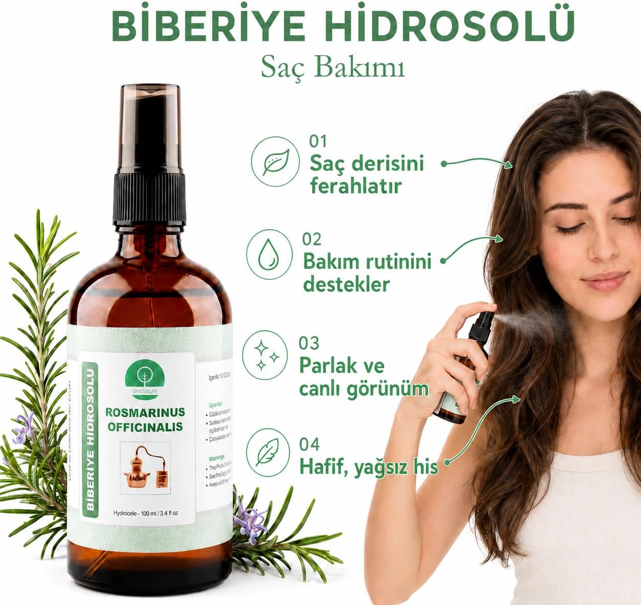 % 100 Doğal Saf Biberiye Hidrosolü (Saç Bakım Suyu) 100 ml