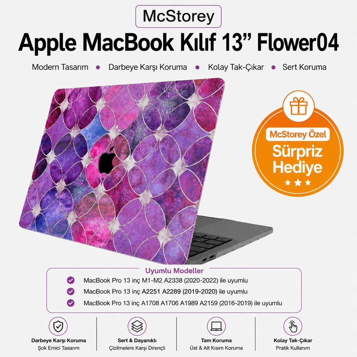 MacBook Pro 13 Çiçek Desenli Kılıf A1706 A1708 A1989 A2159 A2251 A2289 A2338 M1 M2 Uyumlu Baskılı Sert Kılıf İnce Hafif Koruyucu Kapak Açık Pembe