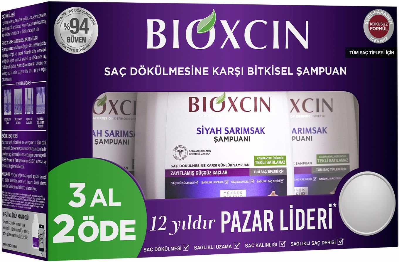 Siyah Sarımsak Şampuan 3 x 300 ml – Saç Dökülmesine Karşı, BioComplex B11 ve Bitki Ekstreli Güçlendirici Formül – 3 Al 2 Öde